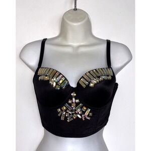 NEW Bebe Jeweled Rhinestone Black Corset Bra Crop Top Small